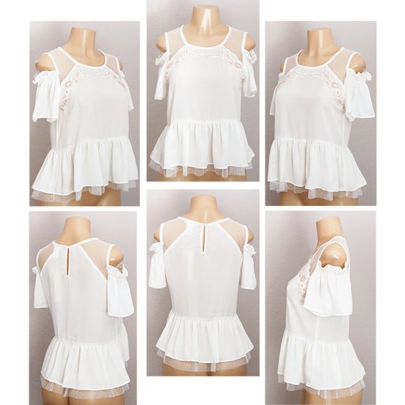 Ivory Embroidery Cold Shoulder Ruffle Peplum Top - Picture 7 of 8